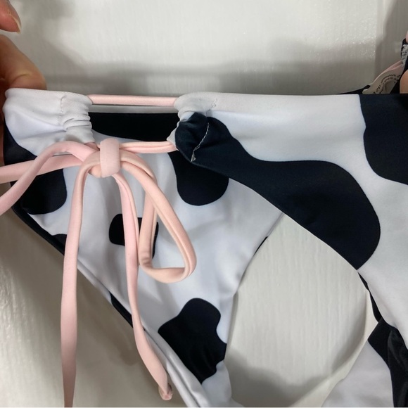 nwot SHEIN Bikini Set S Cow-skin Black-White Pink-Trim Adjust-Tie Stretch Lined - Picture 6 of 10
